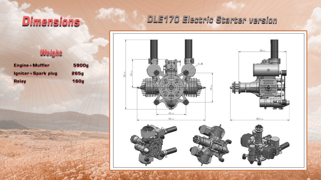 Dle170 engine electric starter version dimensions