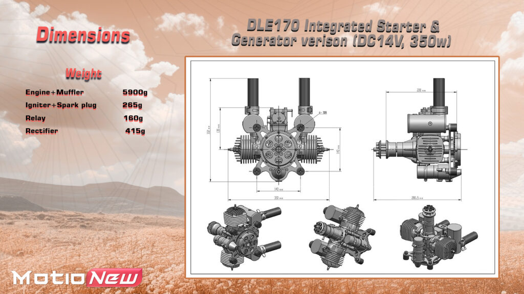 Dle170 engine integrated starter and generator version dimensions