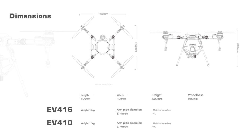 Ev410 / ev416 agricultural drone dimensions